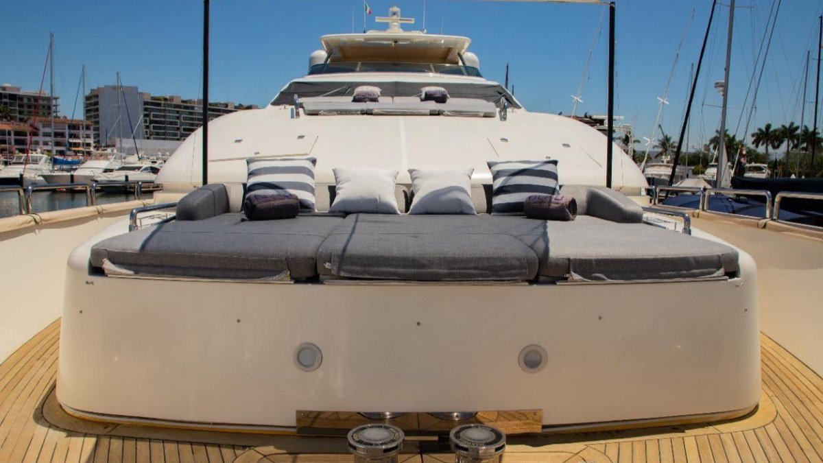 Sun pads on the foredeck of the 105 ft Azimut yacht at Marina Vallarta, a top-tier Puerto Vallarta yacht rental