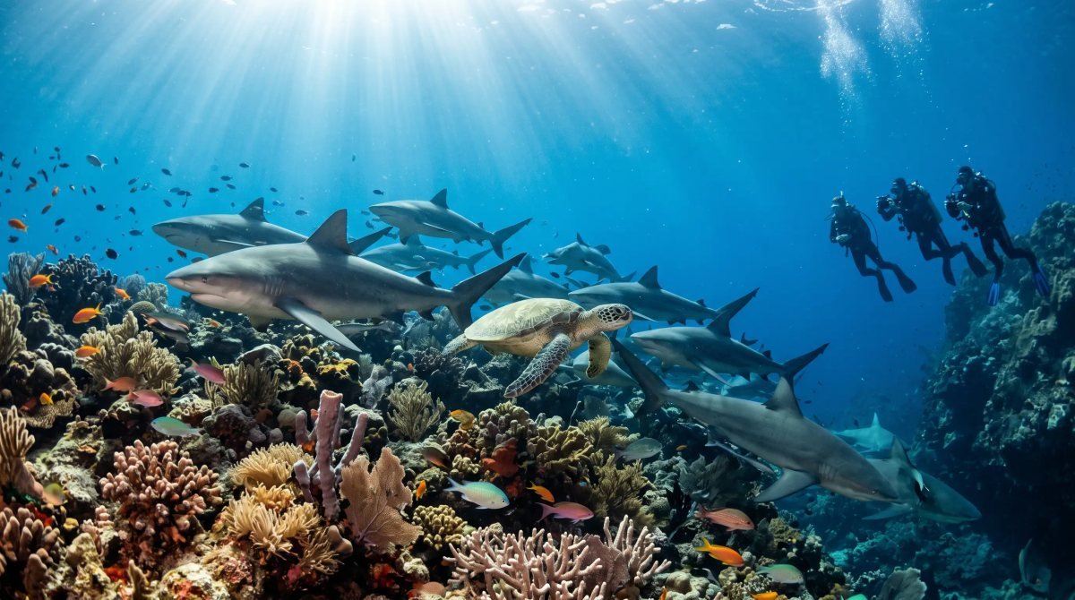 Bull sharks and a green sea turtle over the reef in the Sea of Cortez while divers watch from a distance