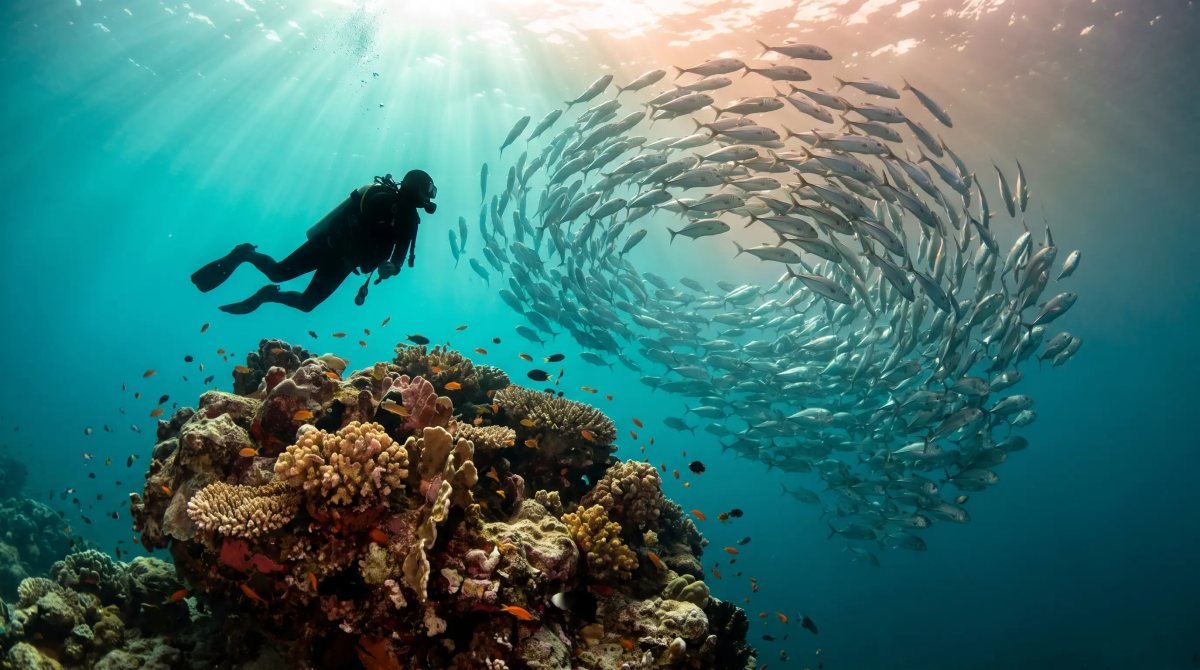 Scuba diver beside the living coral reef of Cabo Pulmo with a tornado school of bigeye jacks in the Sea of Cortez