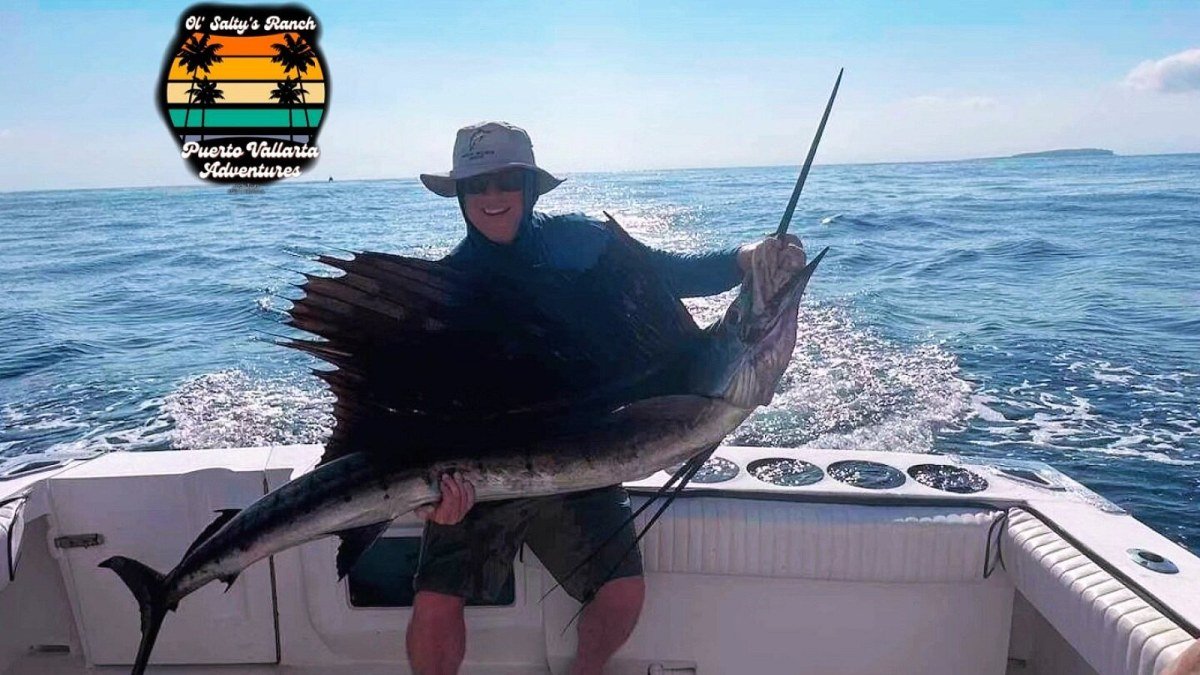 An angler holding a sailfish aboard an Ol&rsquo; Salty&rsquo;s Ranch charter off Puerto Vallarta before the release