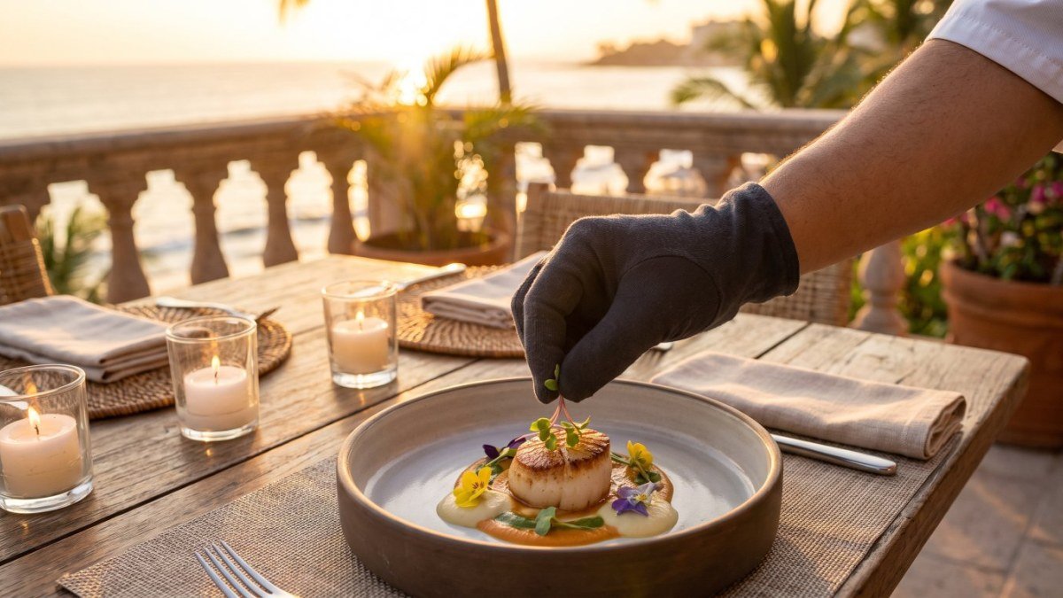 A chef plating a seared scallop on a Puerto Vallarta terrace at sunset during a PVR Private Chef dinner