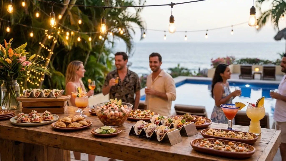 A build-your-own taco and ceviche bar set up beside a villa pool for a private party in Puerto Vallarta