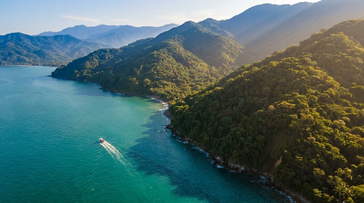 Aerial view of Banderas Bay with jungle-covered mountains meeting the ocean near Puerto Vallarta