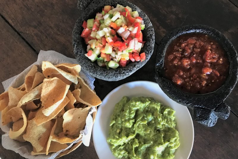 Guacamole, salsas and totopos prepared at the Rancho Capomo cooking class