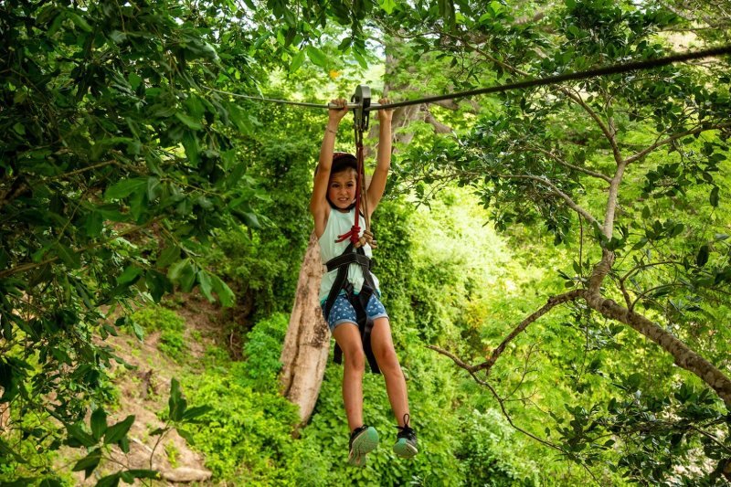 Zipline rider crossing the canopy on the seven-line circuit