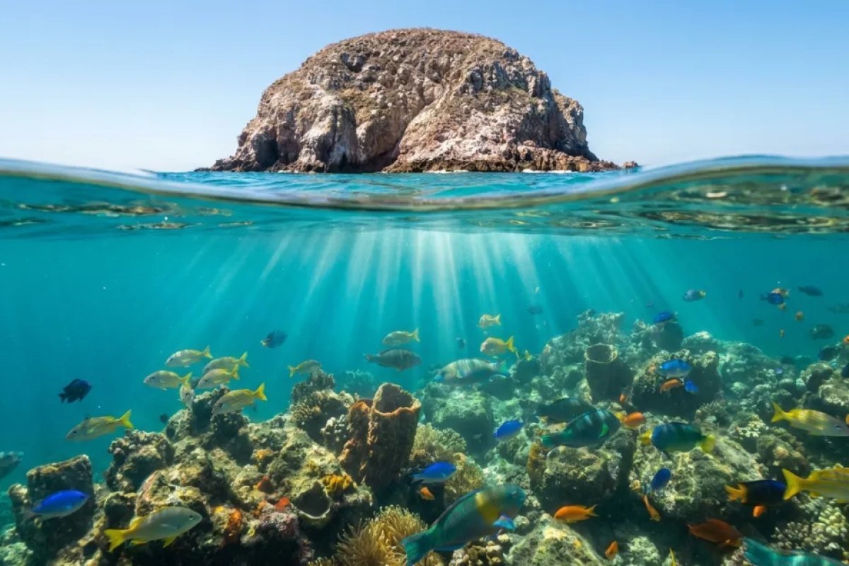 Clear water and reef fish around the rocks of the Los Arcos marine park