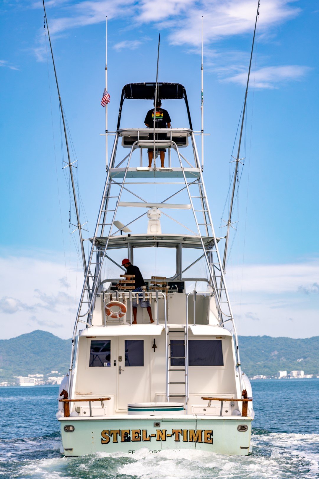 The cockpit and transom of Steel n Time from astern